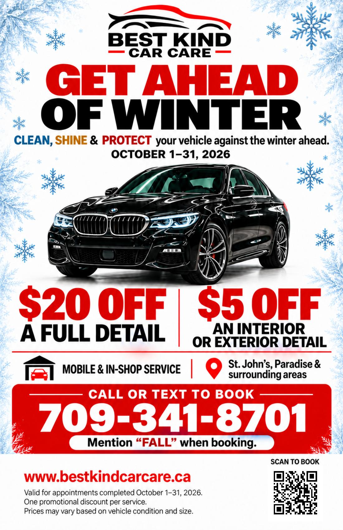 Fall promo: $20 off a full detail, $5 off an interior or exterior detail, October 1–31, 2026. Mention FALL when booking.